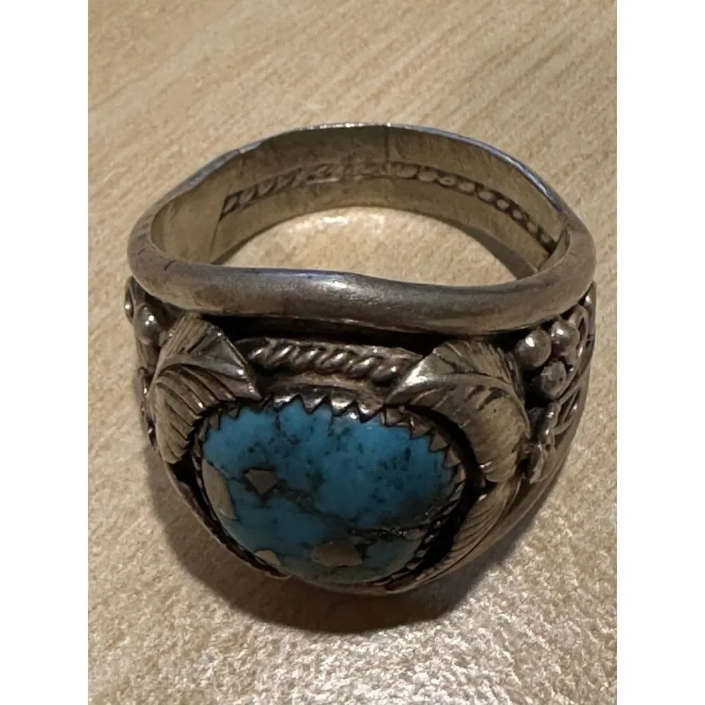 Vintage Southwestern Sterling Silver Turquoise Leaf Motif Ring Sz 11.75